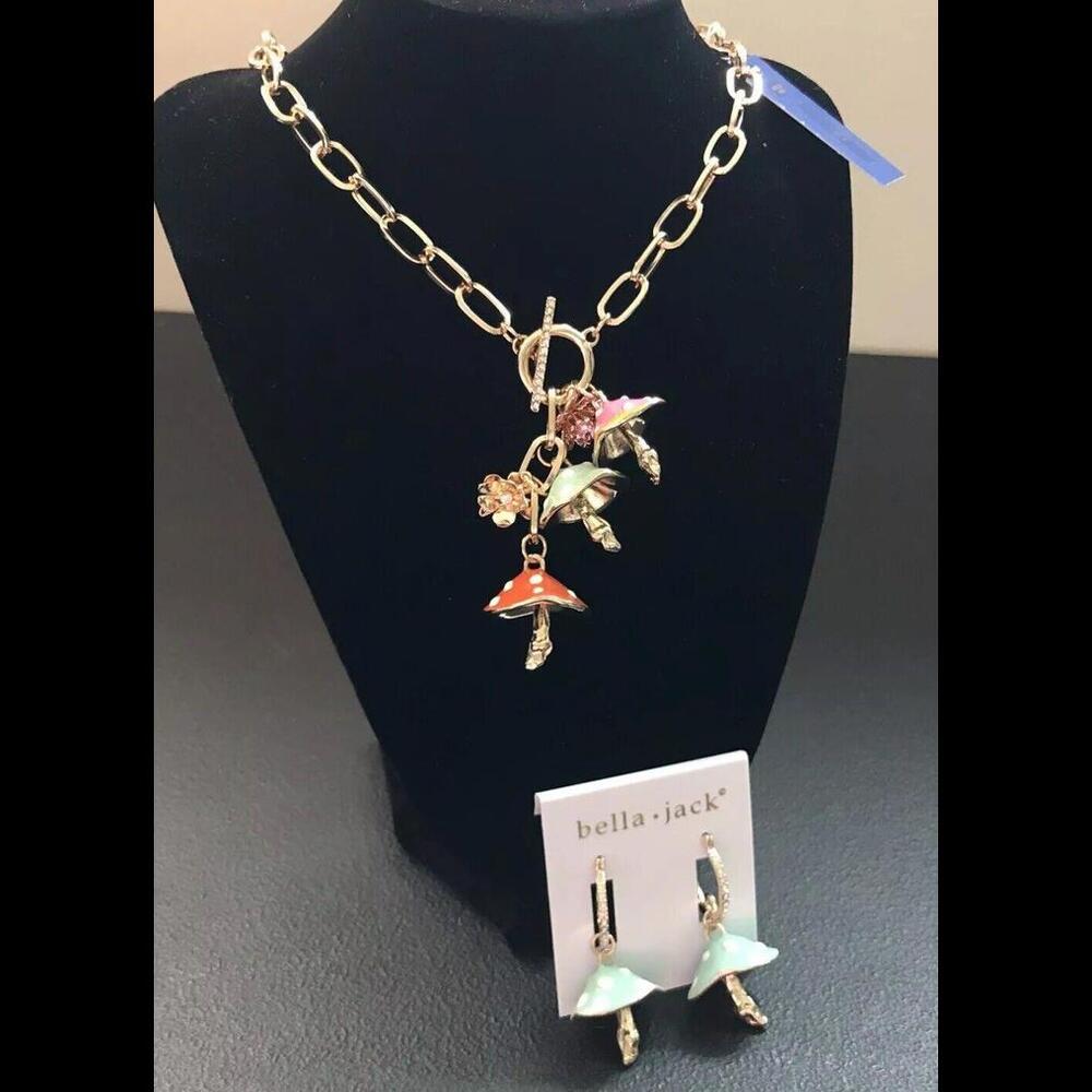 Bella Jack Enchanted Mushroom Charm Lariat Pendant Necklace Toggle & Earrings